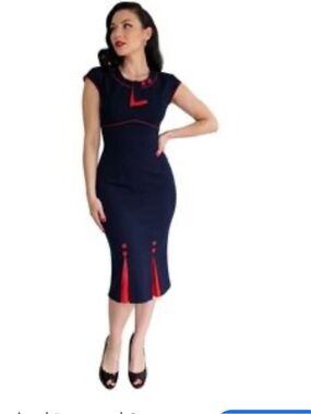 Stop Staring black Dress Red Trim Midi Pencil pin up retro sz 14 rockabilly